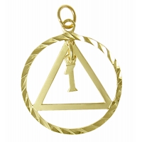14k Gold Pendant, AA Symbol in a Diamond Cut Circle Years 10-25