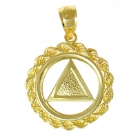 14k Gold AA Symbol Pendant, Solid Textured Triangle Rope Circle
