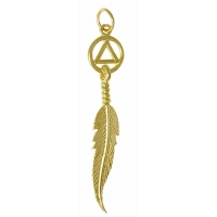 14k Gold Pendant, AA Circle Triangle with a Single Feather