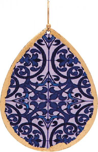 Gold Blue Tile Mosaic Print Teardrop Earring