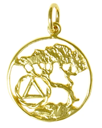14k Gold Pendant, AA Recovery Symbol with a Tree of Life