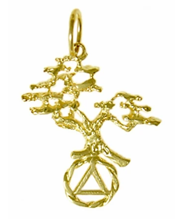 14k Gold Pendant, AA Recovery Symbol with a Tree of Life 2