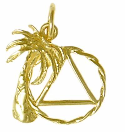 14k Gold Pendant, Palm Tree with AA Symbol in Twist Wire Circle