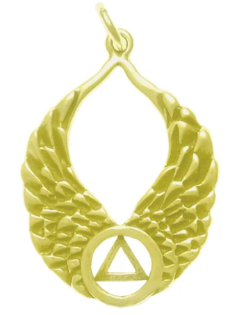 14k Gold Pendant, AA Recovery Symbol on Beautiful Angel Wings