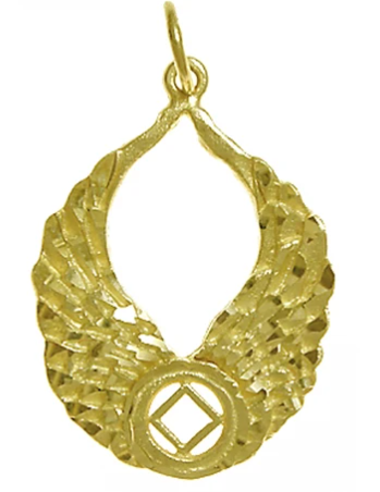 14k Gold Pendant, NA Recovery Symbol with Angel Wings