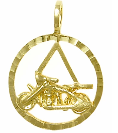 14k Gold Pendant, AA Symbol in a Diamond Cut Circle Motorcycle