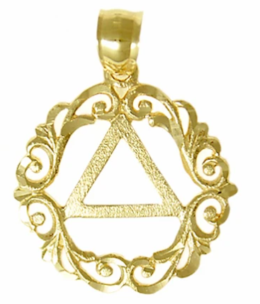 14k Gold Pendant, AA Symbol in a Scroll Style Circle