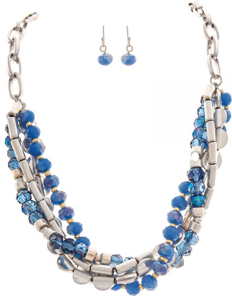 Blue Four Row Faceted Bead Necklace Set