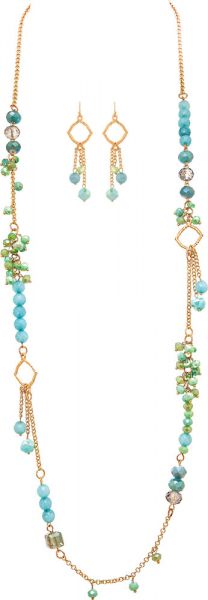 Blue Green Charmy Beads Long Necklace Set