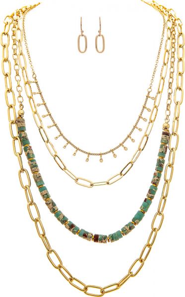 Gold Layered Chain Blue Bead Necklace Set