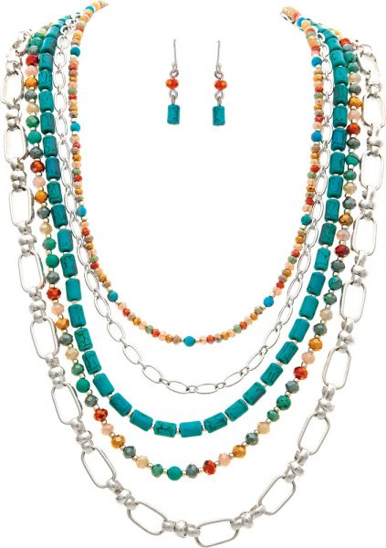 Silver Chain Blue Bead Layered Necklace Set