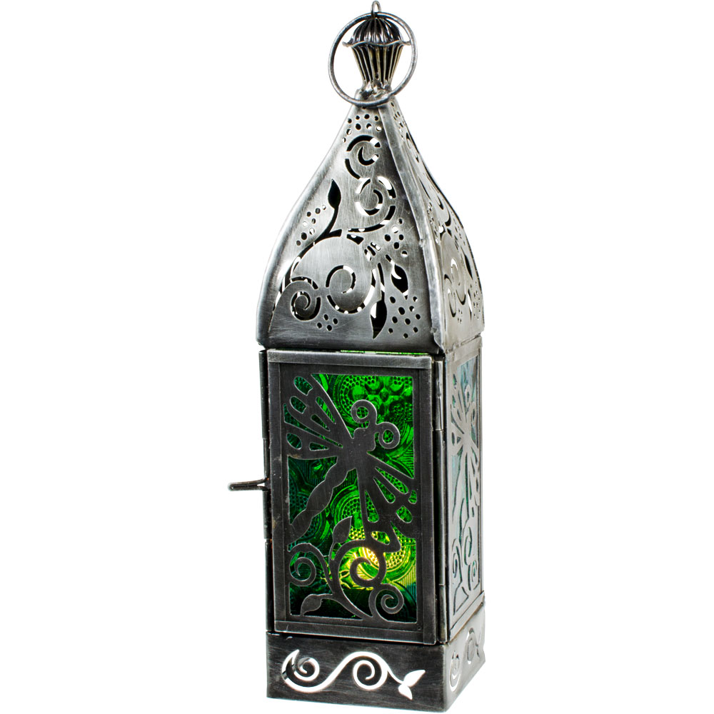 Glass & Metal Lantern Dragonfly Green & Turquoise - Click Image to Close
