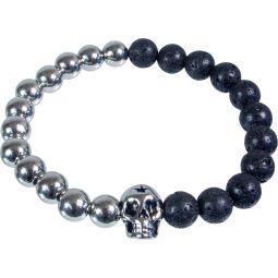 Elastic Bracelet 8mm Round Bead - Brass & Lava w/ Skull