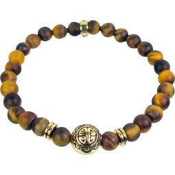 Elastic Bracelet 6mm Round Bead - Yellow Tiger Eye w/Gold Accent