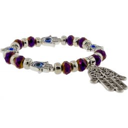 Glass Beads Elastic Bracelet w/ Evil Eye Fatima Hand