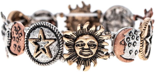 Multi Metal Sun Moon and Star Medallions Bracelet