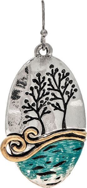 Silver Patina Engraved Landscape Oval Earring