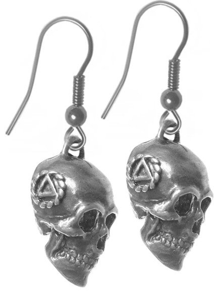 Sterling Silver Earrings, 3d Skull with AA Symbol on Both Sides - Click Image to Close