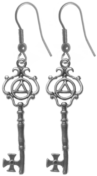 Sterling Silver Earrings, AA Symbol inside Antique Style Key