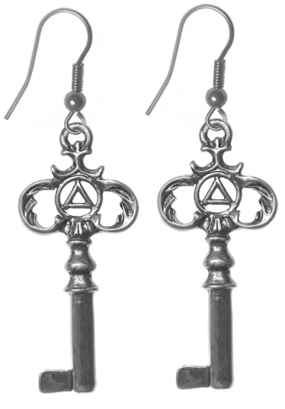Sterling Silver Earrings, Two Sided Old Style Key with Small AA - Click Image to Close