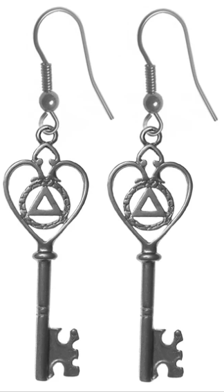 Sterling Silver Earrings, Old Style Heart Shaped Key with AA Sym