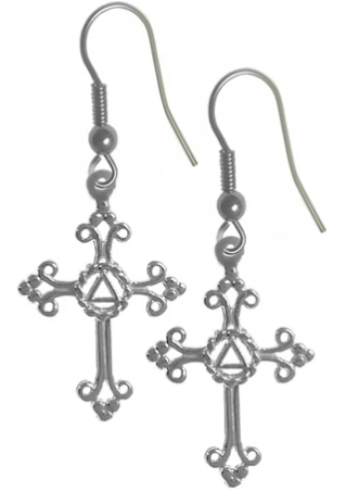 Sterling Silver Earrings, AA Symbol Set in a Open Cross