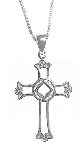 Sterling Silver NA Symbol Cross Pendant on a Medium Box Chain