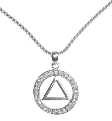 Sterling AA Symbol Pendant with CZ Surrounding, Med. Box Chain