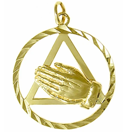 14k Gold Pendant, AA Symbol w/Praying Hands in a Diamond Cut - Click Image to Close