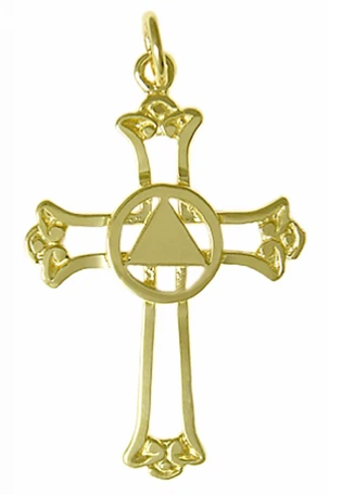14k Gold Pendant, AA Symbol Triangle Set in a Open Cross - Click Image to Close