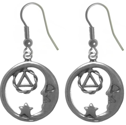 Sterling Silver Moon and Star Earrings with AA Symbol