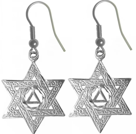 Sterling Silver Earrings, AA Symbol in a Jewish Star of David