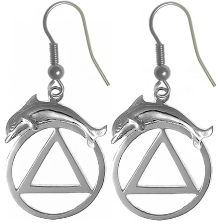 Sterling Silver Earrings, AA Symbol with a Dolphin - Click Image to Close