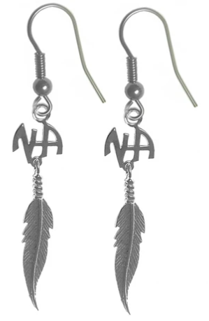 Sterling Silver Earrings, "NA" Initials with a Single Feather - Click Image to Close