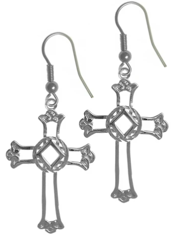 Sterling Silver Earrings, Cross Pendant with NA Symbol
