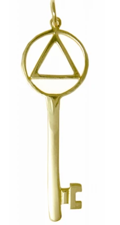 14k Gold Pendant, AA Symbol inside Antique Style Key - Click Image to Close