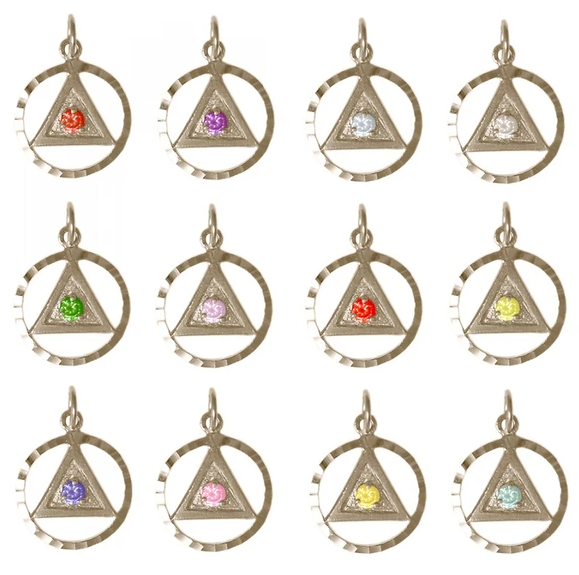 Sterling Silver, AA Symbol with Solid Triangle, 12 Birthstones