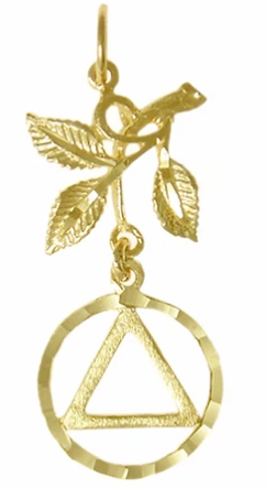 14k Gold Pendant, Textured Triangle with 3 Leaves - Click Image to Close