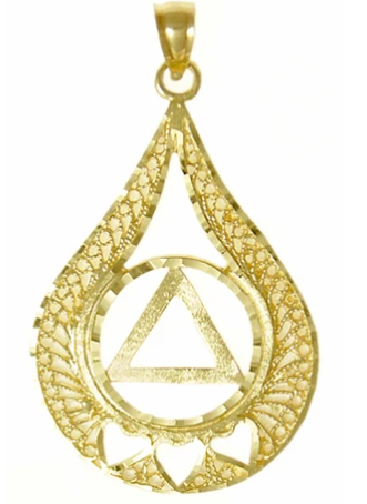 14k Gold Pendant, AA Symbol with 3 Hearts in a Filigree Tear