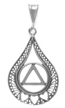 Sterling Silver AA Symbol with 3 Hearts in a Filigree Tear Drop
