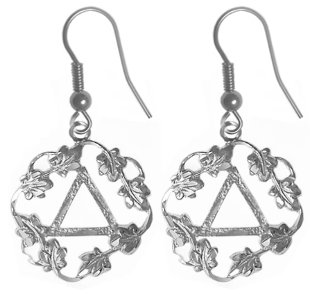Sterling Silver Earrings, AA Symbol in a Circle of Leaves - Click Image to Close