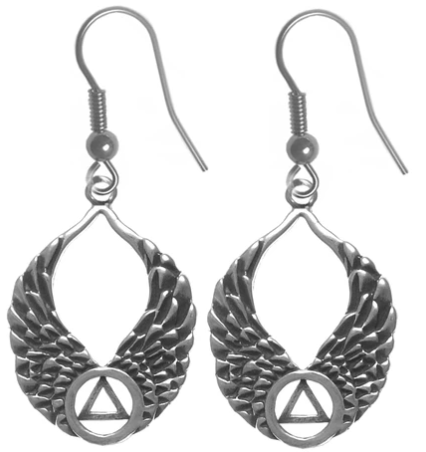 Sterling Silver Earrings, AA Recovery Symbol on Angel Wings - Click Image to Close