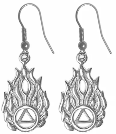 Sterling Silver Earrings, AA Symbol in Flames - Click Image to Close