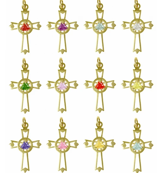 14k Gold, AA Symbol set inside Cross, 12 Different Birthstones - Click Image to Close