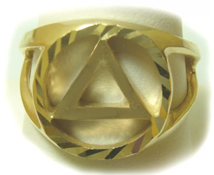 14k Gold, Mens Ring with AA Symbol in a Diamond Cut Circle