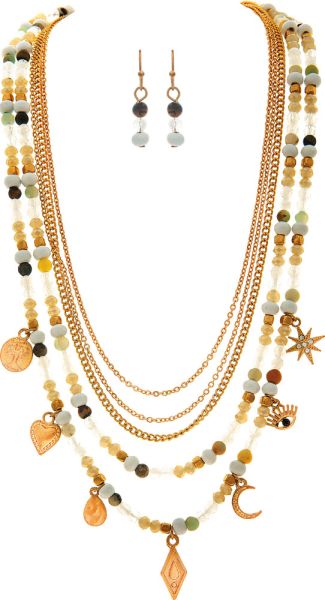 Gold Charms White Bead Necklace Set