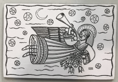 Angel with Trumpet Coloring Wooden Postcard