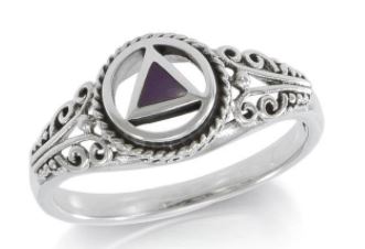 Silver Scroll Ring with AA Symbol - Purple