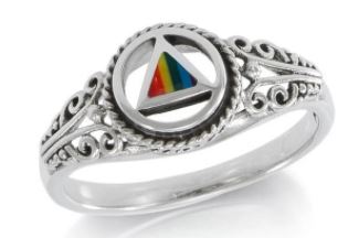 Silver Scroll Ring with AA Symbol - Rainbow