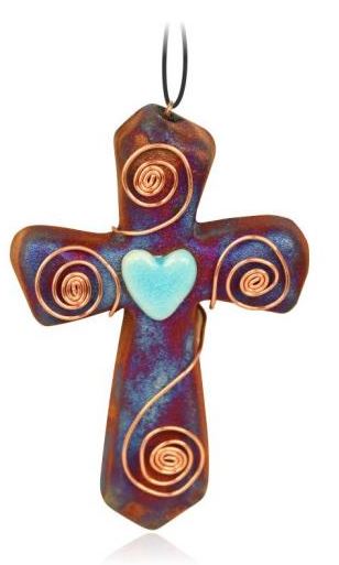 Mini Cross Ornament - Hearts and Spirals